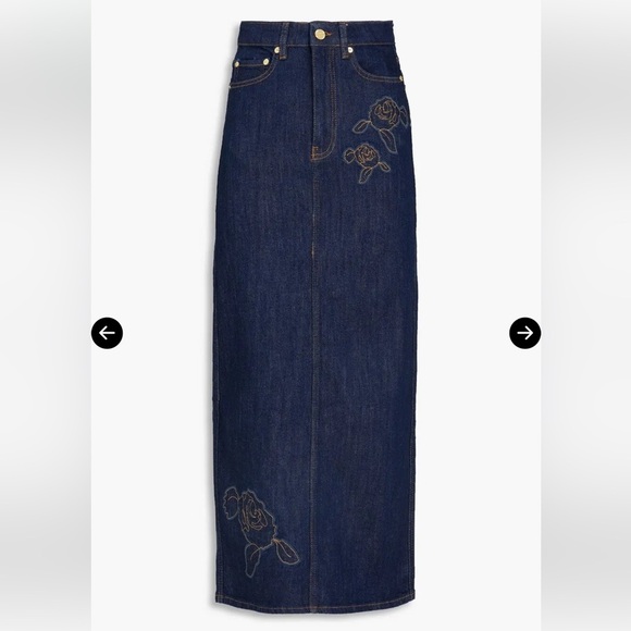 NWOT Ganni Appliquéd Floral-Embroidered Mid-Rise Stretch-Organic Denim MaxiSkirt - Picture 15 of 17